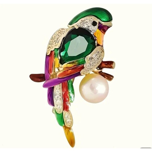 Colorful Gold Parrot Brooch pin with gem - Picture 1 of 2